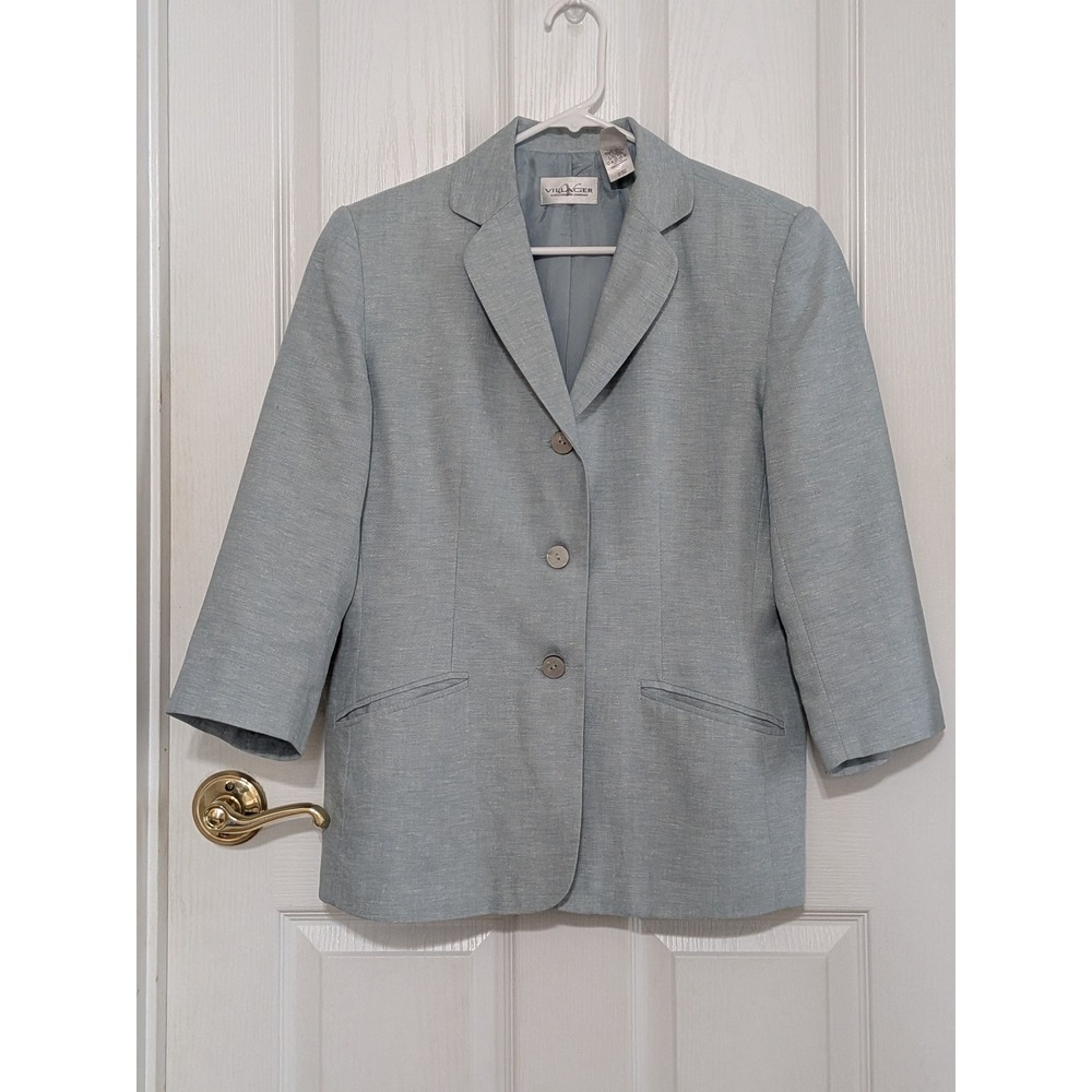 Villager Linen Blend Blazer Womens 12 Blue 3/4 Sleeve Lightweight Career Jacket